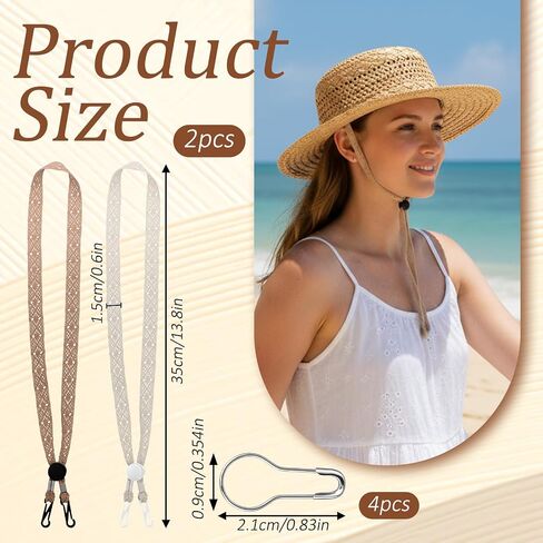 2PCS Adjustable Hat Strap Clips, Sun Hats Chin Strap, Adjustable Wide Lace Chin Cord for Boonie, Fishing-Hat, Beach-Hat, Windproof Keeper String for Golfing, Fishing, Boating, Sailing (Beige, Khaki) in Kuwait