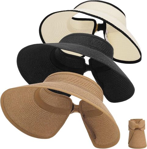 3 Pack Foldable Sun Visor Hats for Women Wide Brim Pontytail Straw Beach Hat for Summer in Kuwait