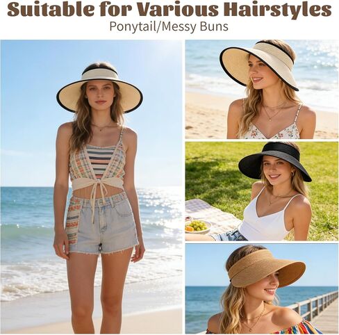 3 Pack Foldable Sun Visor Hats for Women Wide Brim Pontytail Straw Beach Hat for Summer in Kuwait