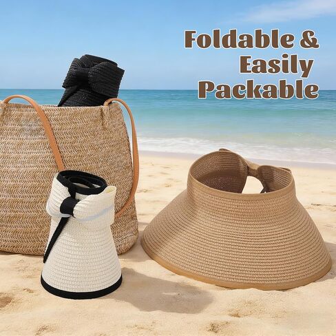 3 Pack Foldable Sun Visor Hats for Women Wide Brim Pontytail Straw Beach Hat for Summer in Kuwait