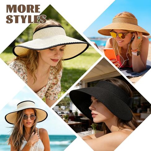 3 Pack Foldable Sun Visor Hats for Women Wide Brim Pontytail Straw Beach Hat for Summer in Kuwait