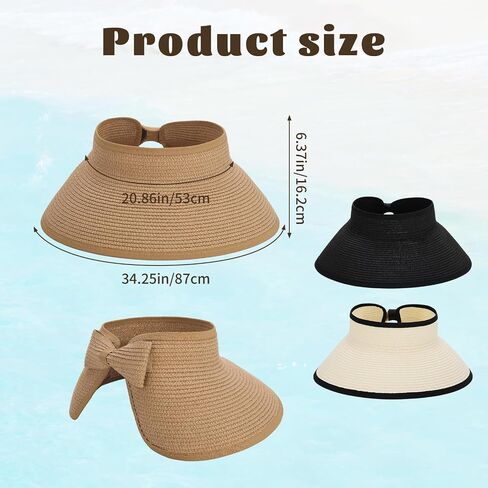 3 Pack Foldable Sun Visor Hats for Women Wide Brim Pontytail Straw Beach Hat for Summer in Kuwait