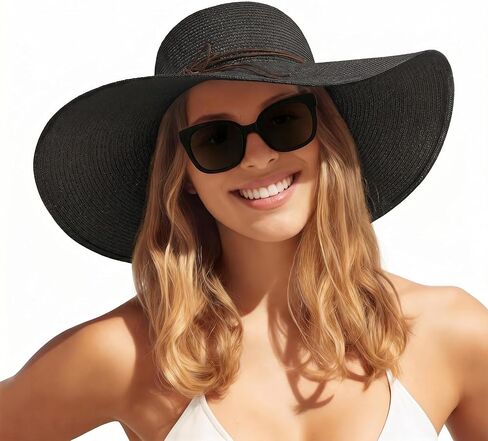 Womens Sun Straw Hat Wide Brim Floppy Foldable Hats Beach Travel Summer Vacation Hat UPF 50+ in Saudi Arabia