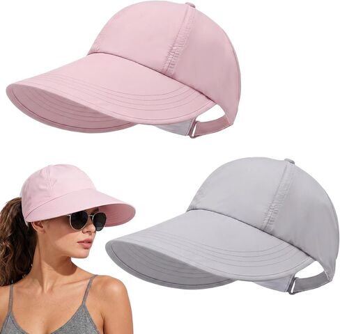 Unittype 2 Pcs Sun Hats for Women UV Protection Ponytail Wide Brim Sun Visors Cap Packable Adjustable Summer Hats for Outdoor in Kuwait