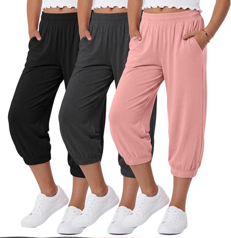 3 Pcs Girls' Capris Sweatpants 5-14Y Kids Cropped Elastic Waist Joggers with Pockets Teens Summer Casual Cute Pants in Kuwait