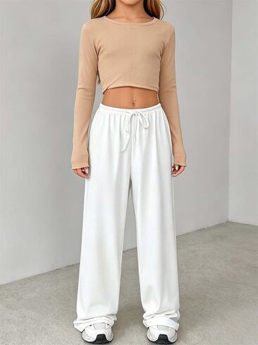 Verdusa Girl's Wide Leg Sweatpants with Pockets Elastic Waist Comfy Athletic Pants in Kuwait