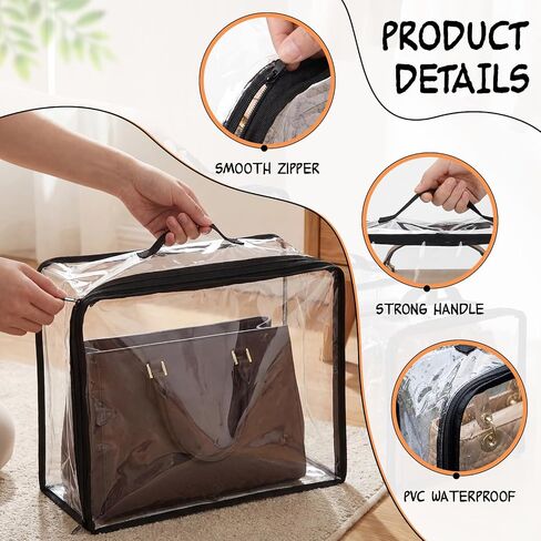 Hsei 12 Pcs Clear Dust Bags For Handbags 4-Sizes Fits Mini Wallets Oversized Tote Bags PVC Waterproof Purse Storage Organizers for Luxury Bag Soft Stand-Up with Zipper Handle for Closet Hanging in Kuwait