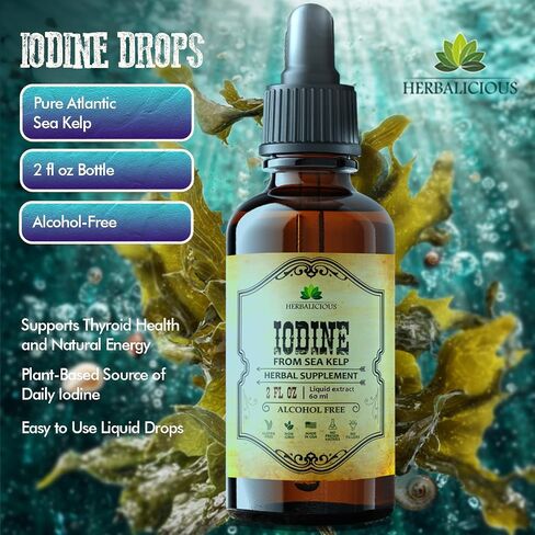 HERBALICIOUS Iodine Drops – Natural Iodine Liquid from Sea Kelp – Thyroid Supplement for Energy, Digestion & Immune Support – Organic Non-GMO Formula – 2 fl oz in Saudi Arabia