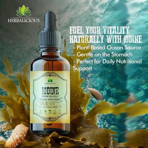 HERBALICIOUS Iodine Drops – Natural Iodine Liquid from Sea Kelp – Thyroid Supplement for Energy, Digestion & Immune Support – Organic Non-GMO Formula – 2 fl oz in Saudi Arabia