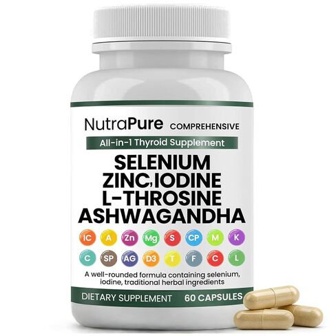 Thyroid Support - Thyroid Support for Women & Men | Selenium, Iodine, L Tyrosine, Ashwagandha, Bladderwrack, Turmeric, Kelp, Schisandra, Zinc - 60 Capsules (1 Bottle) in Kuwait