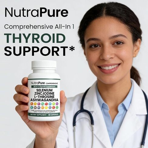 Thyroid Support - Thyroid Support for Women & Men | Selenium, Iodine, L Tyrosine, Ashwagandha, Bladderwrack, Turmeric, Kelp, Schisandra, Zinc - 60 Capsules (1 Bottle) in Kuwait