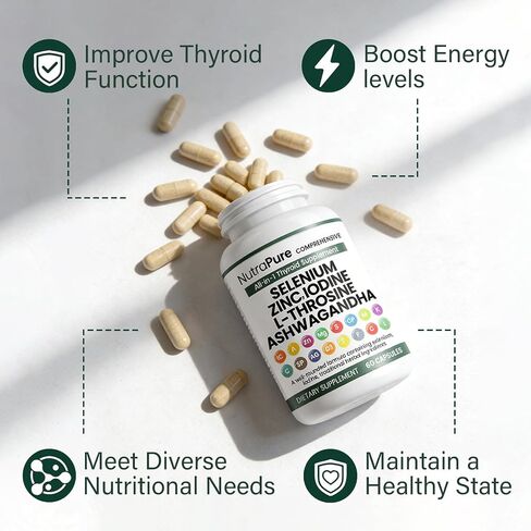 Thyroid Support - Thyroid Support for Women & Men | Selenium, Iodine, L Tyrosine, Ashwagandha, Bladderwrack, Turmeric, Kelp, Schisandra, Zinc - 60 Capsules (1 Bottle) in Kuwait