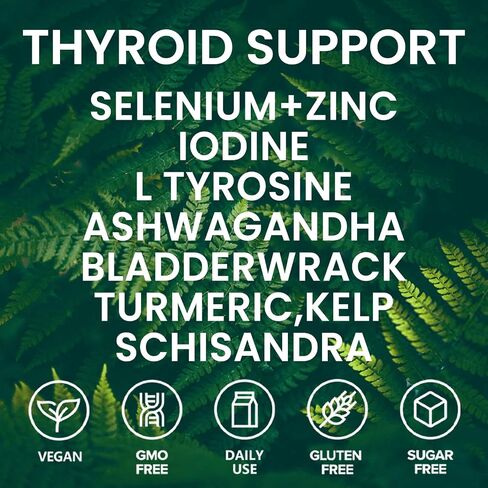 Thyroid Support - Thyroid Support for Women & Men | Selenium, Iodine, L Tyrosine, Ashwagandha, Bladderwrack, Turmeric, Kelp, Schisandra, Zinc - 60 Capsules (1 Bottle) in Kuwait