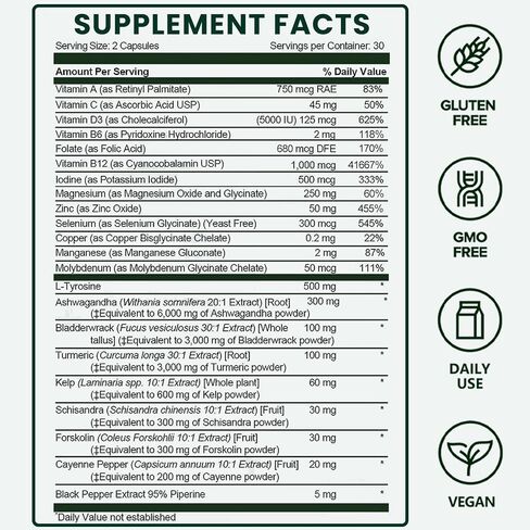 Thyroid Support - Thyroid Support for Women & Men | Selenium, Iodine, L Tyrosine, Ashwagandha, Bladderwrack, Turmeric, Kelp, Schisandra, Zinc - 60 Capsules (1 Bottle) in Kuwait
