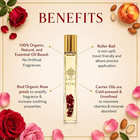 SAFA Rosé Organic Rose Oil Perfume Roller | Bulgarian Damask & Indian Rose Petals | 10 mL Long Lasting Perfume Oil for Women & Men | Non-Toxic, Alcohol-Free & Travel Friendly in Kuwait