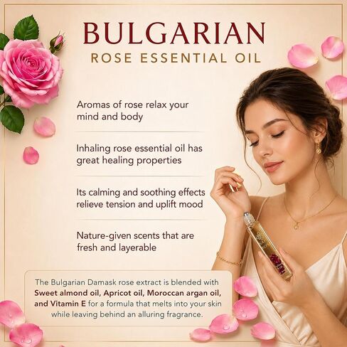 SAFA Rosé Organic Rose Oil Perfume Roller | Bulgarian Damask & Indian Rose Petals | 10 mL Long Lasting Perfume Oil for Women & Men | Non-Toxic, Alcohol-Free & Travel Friendly in Kuwait