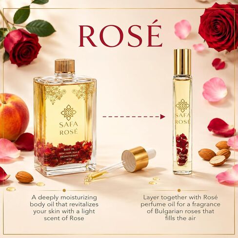 SAFA Rosé Organic Rose Oil Perfume Roller | Bulgarian Damask & Indian Rose Petals | 10 mL Long Lasting Perfume Oil for Women & Men | Non-Toxic, Alcohol-Free & Travel Friendly in Kuwait