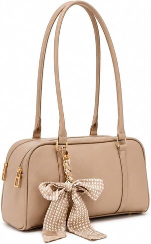 SUMELL Korean Casual Pillow Bag for Women - Luxury Designer Puffy Aesthetic Handbag with Bow Detail, Beige PU Leather Shoulder Bag in Saudi Arabia