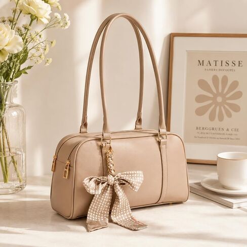 SUMELL Korean Casual Pillow Bag for Women - Luxury Designer Puffy Aesthetic Handbag with Bow Detail, Beige PU Leather Shoulder Bag in Saudi Arabia