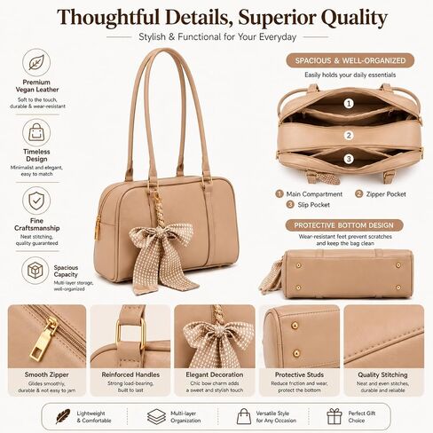 SUMELL Korean Casual Pillow Bag for Women - Luxury Designer Puffy Aesthetic Handbag with Bow Detail, Beige PU Leather Shoulder Bag in Saudi Arabia