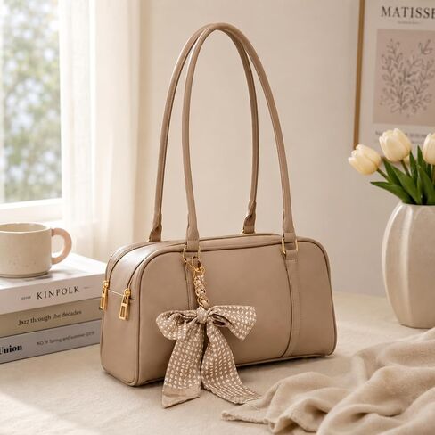 SUMELL Korean Casual Pillow Bag for Women - Luxury Designer Puffy Aesthetic Handbag with Bow Detail, Beige PU Leather Shoulder Bag in Saudi Arabia