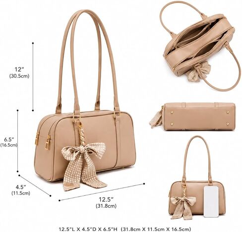 SUMELL Korean Casual Pillow Bag for Women - Luxury Designer Puffy Aesthetic Handbag with Bow Detail, Beige PU Leather Shoulder Bag in Saudi Arabia