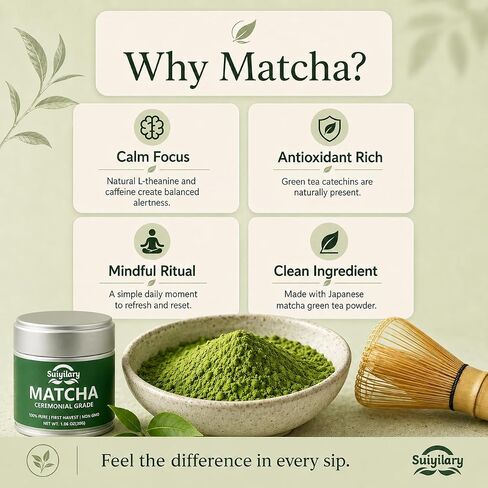 Suiyilary Ceremonial Grade Matcha Powder, Premium First Harvest Green Tea Powder – 100% Pure Matcha Tea, Vegan, Gluten-Free, Sugar-Free with No Additives (30g/1.06oz) in Saudi Arabia
