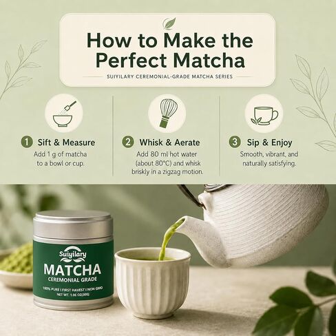 Suiyilary Ceremonial Grade Matcha Powder, Premium First Harvest Green Tea Powder – 100% Pure Matcha Tea, Vegan, Gluten-Free, Sugar-Free with No Additives (30g/1.06oz) in Saudi Arabia