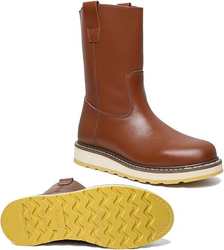 rocklobster Men’s 10" Pull-On Work Boots, Soft Toe Brown Full Grain Leather Safety Boots, Slip Oil Acid Resistant, Waterproof, EH Rated, Dual Density PU Sole in Saudi Arabia