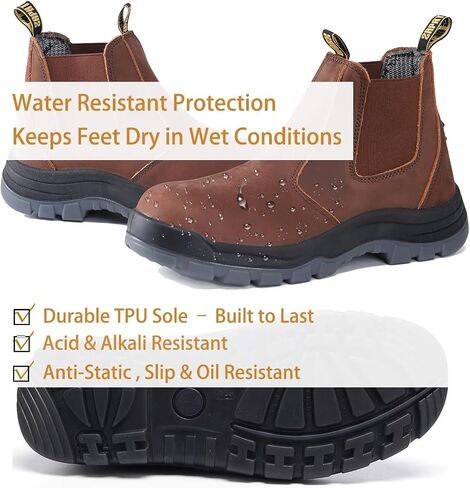 rocklobster Men’s Pull-On Work Boots, Crazy Horse Leather, Water Resistant Soft Toe, Slip Oil Acid Puncture Resistant, Anti-Static TPU Outsole, Durable Round Toe Work Shoes, Red Brown in Kuwait