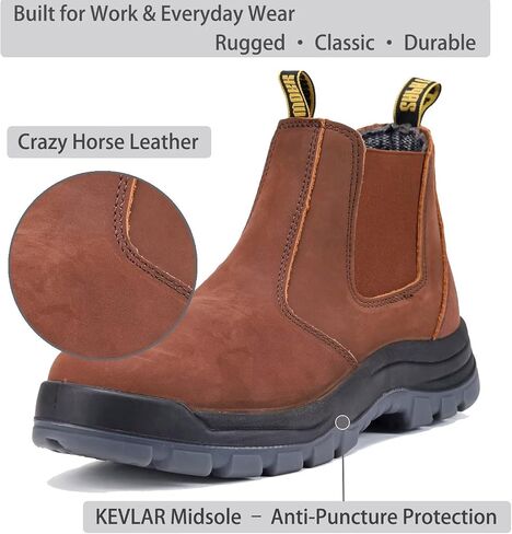 rocklobster Men’s Pull-On Work Boots, Crazy Horse Leather, Water Resistant Soft Toe, Slip Oil Acid Puncture Resistant, Anti-Static TPU Outsole, Durable Round Toe Work Shoes, Red Brown in Kuwait