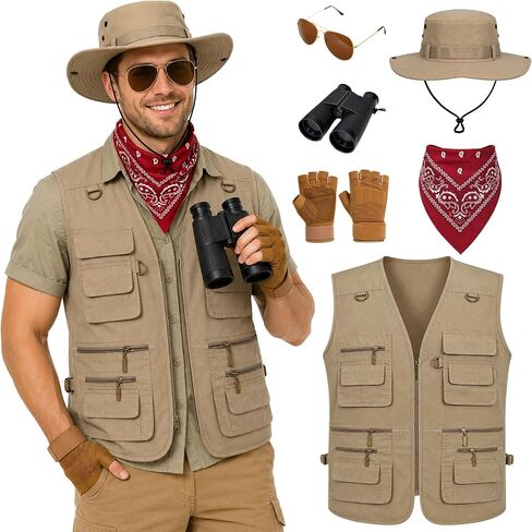 Safari Costume for Men - Zookeeper Costume with Vest Hat Neck Scarf Binocular Sunglasses and Gloves, Halloween Outfit in Saudi Arabia