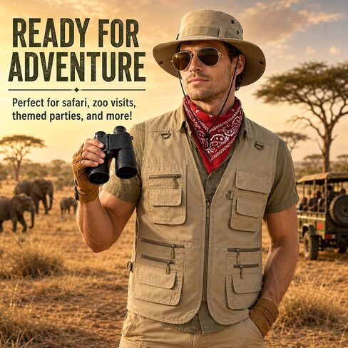 Safari Costume for Men - Zookeeper Costume with Vest Hat Neck Scarf Binocular Sunglasses and Gloves, Halloween Outfit in Saudi Arabia