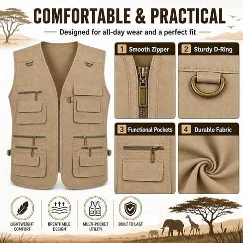 Safari Costume for Men - Zookeeper Costume with Vest Hat Neck Scarf Binocular Sunglasses and Gloves, Halloween Outfit in Saudi Arabia