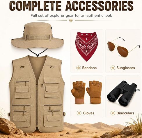 Safari Costume for Men - Zookeeper Costume with Vest Hat Neck Scarf Binocular Sunglasses and Gloves, Halloween Outfit in Saudi Arabia