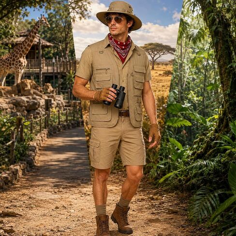 Safari Costume for Men - Zookeeper Costume with Vest Hat Neck Scarf Binocular Sunglasses and Gloves, Halloween Outfit in Saudi Arabia