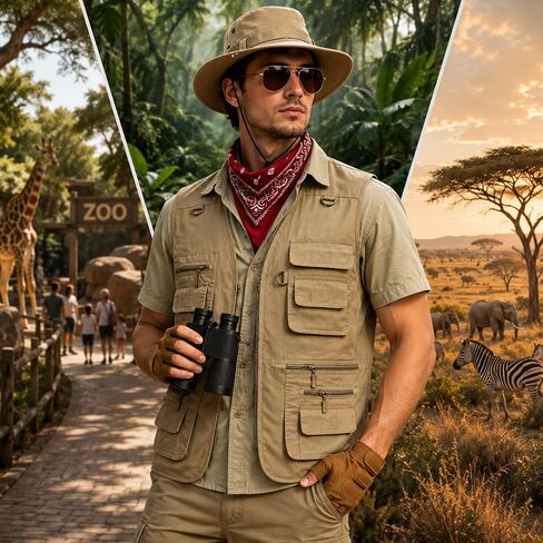 Safari Costume for Men - Zookeeper Costume with Vest Hat Neck Scarf Binocular Sunglasses and Gloves, Halloween Outfit in Saudi Arabia