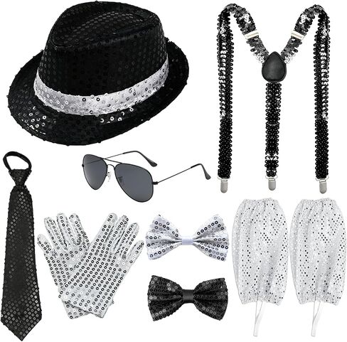 Pop Star Costume for Mens 8Pcs Dance Star Costume 70s 80s Pop Stage Cosplay Accessories Black Fedora Hat Sunglass Glove Shoulder Straps Bow Tie Neck Tie Socks for Cosplay Party Halloween in Kuwait