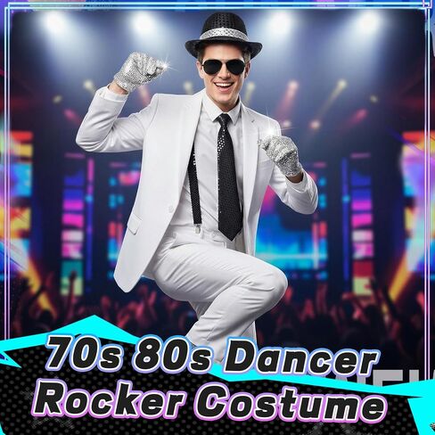 Pop Star Costume for Mens 8Pcs Dance Star Costume 70s 80s Pop Stage Cosplay Accessories Black Fedora Hat Sunglass Glove Shoulder Straps Bow Tie Neck Tie Socks for Cosplay Party Halloween in Kuwait