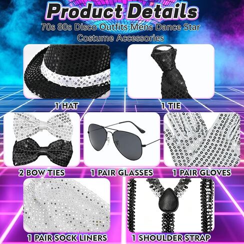 Pop Star Costume for Mens 8Pcs Dance Star Costume 70s 80s Pop Stage Cosplay Accessories Black Fedora Hat Sunglass Glove Shoulder Straps Bow Tie Neck Tie Socks for Cosplay Party Halloween in Kuwait