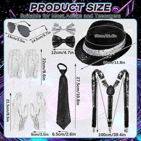 Pop Star Costume for Mens 8Pcs Dance Star Costume 70s 80s Pop Stage Cosplay Accessories Black Fedora Hat Sunglass Glove Shoulder Straps Bow Tie Neck Tie Socks for Cosplay Party Halloween in Kuwait