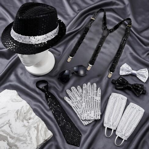 Pop Star Costume for Mens 8Pcs Dance Star Costume 70s 80s Pop Stage Cosplay Accessories Black Fedora Hat Sunglass Glove Shoulder Straps Bow Tie Neck Tie Socks for Cosplay Party Halloween in Kuwait