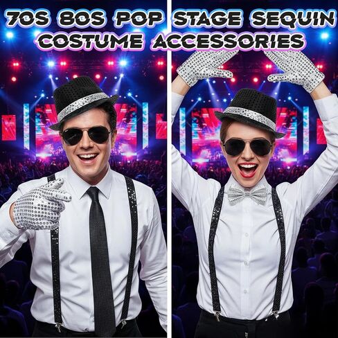 Pop Star Costume for Mens 8Pcs Dance Star Costume 70s 80s Pop Stage Cosplay Accessories Black Fedora Hat Sunglass Glove Shoulder Straps Bow Tie Neck Tie Socks for Cosplay Party Halloween in Kuwait