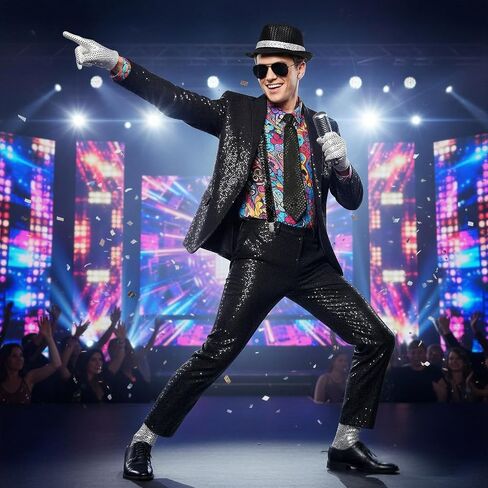 Pop Star Costume for Mens 8Pcs Dance Star Costume 70s 80s Pop Stage Cosplay Accessories Black Fedora Hat Sunglass Glove Shoulder Straps Bow Tie Neck Tie Socks for Cosplay Party Halloween in Kuwait