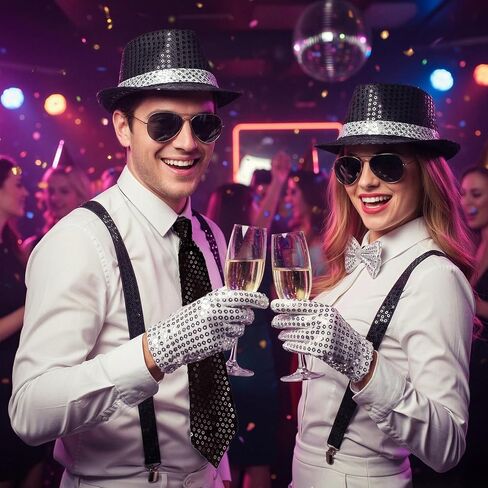 Pop Star Costume for Mens 8Pcs Dance Star Costume 70s 80s Pop Stage Cosplay Accessories Black Fedora Hat Sunglass Glove Shoulder Straps Bow Tie Neck Tie Socks for Cosplay Party Halloween in Kuwait