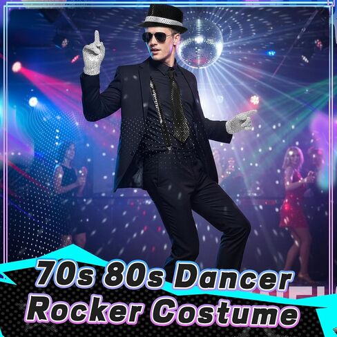 Pop Star Costume for Mens 8Pcs Dance Star Costume 70s 80s Pop Stage Cosplay Accessories Black Fedora Hat Sunglass Glove Shoulder Straps Bow Tie Neck Tie Socks for Cosplay Party Halloween in Kuwait