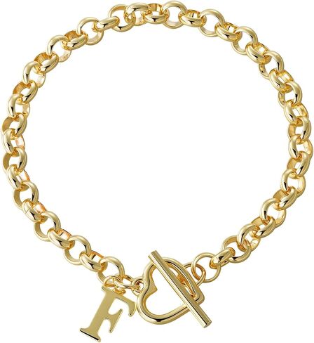 Gold Initial Bracelet for Women, 14K Gold Plated Heart Charm Bracelet with A-Z Alphabet Letter, Dainty Stainless Steel Rolo Chain Jewelry with Heart Toggle Clasp, Personalized Birthday Gift for Her in Saudi Arabia