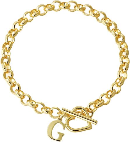 Gold Initial Bracelet for Women, 14K Gold Plated Heart Charm Bracelet with A-Z Alphabet Letter, Dainty Stainless Steel Rolo Chain Jewelry with Heart Toggle Clasp, Personalized Birthday Gift for Her in Saudi Arabia