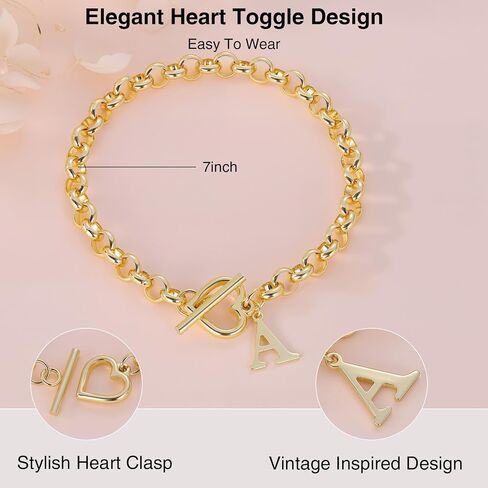 Gold Initial Bracelet for Women, 14K Gold Plated Heart Charm Bracelet with A-Z Alphabet Letter, Dainty Stainless Steel Rolo Chain Jewelry with Heart Toggle Clasp, Personalized Birthday Gift for Her in Saudi Arabia