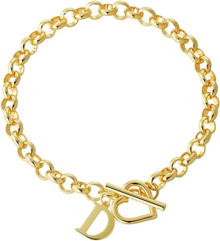 Gold Initial Bracelet for Women, 14K Gold Plated Heart Charm Bracelet with A-Z Alphabet Letter, Dainty Stainless Steel Rolo Chain Jewelry with Heart Toggle Clasp, Personalized Birthday Gift for Her in Saudi Arabia